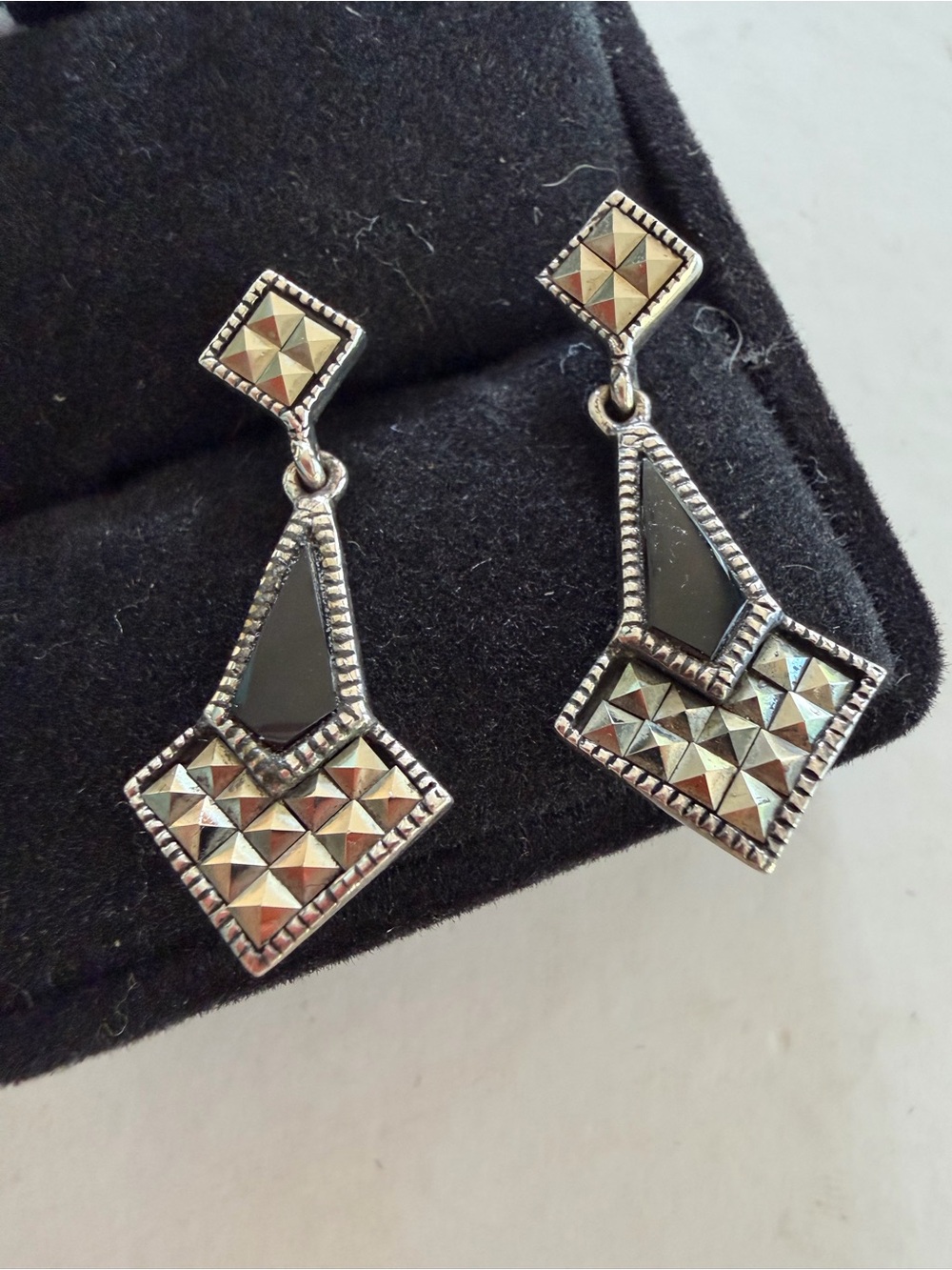 Vintage-Inspired Black and Silver Geometric Drop Earrings
